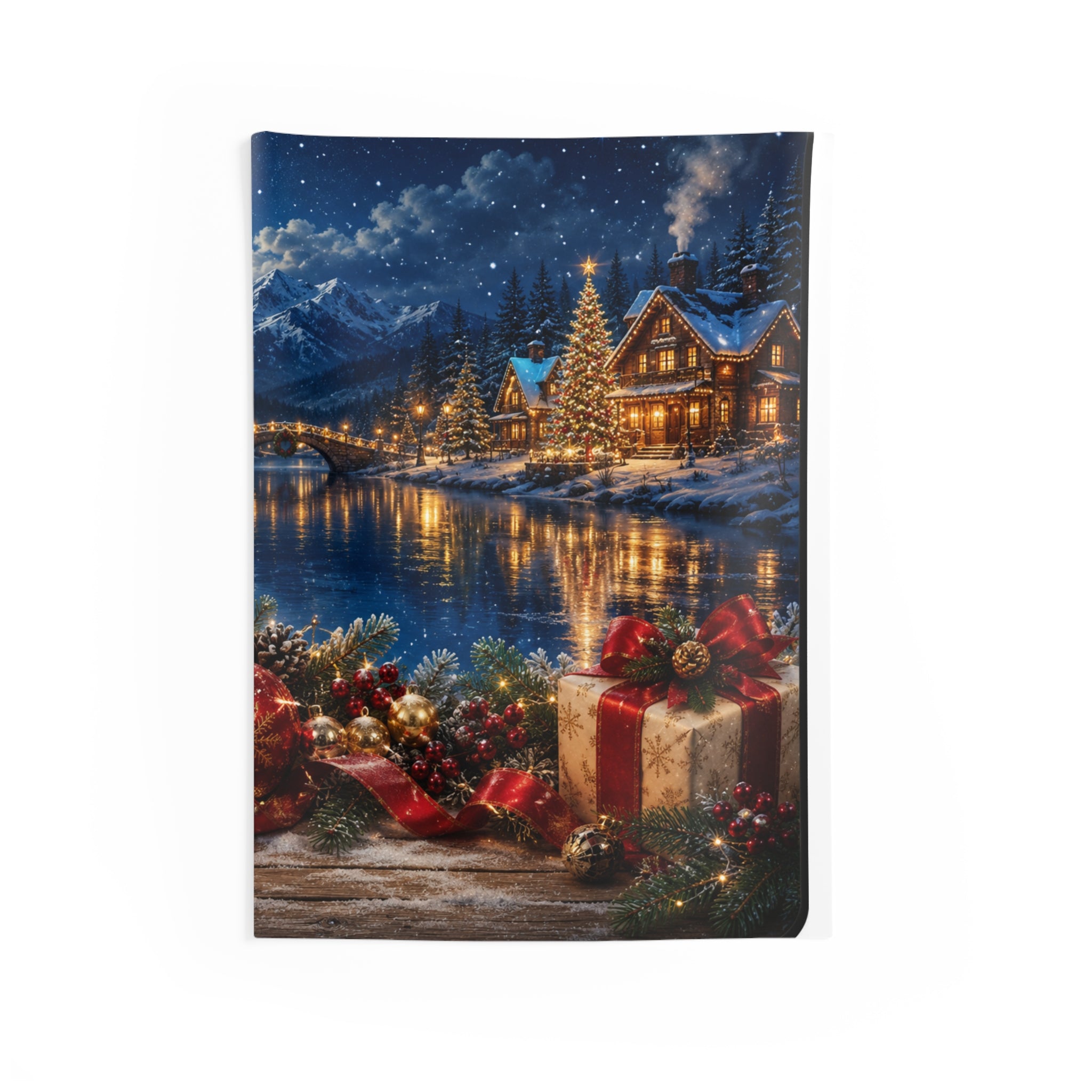 Christmas Cottage Wall Tapestry – Cozy Holiday Lakeside Scene