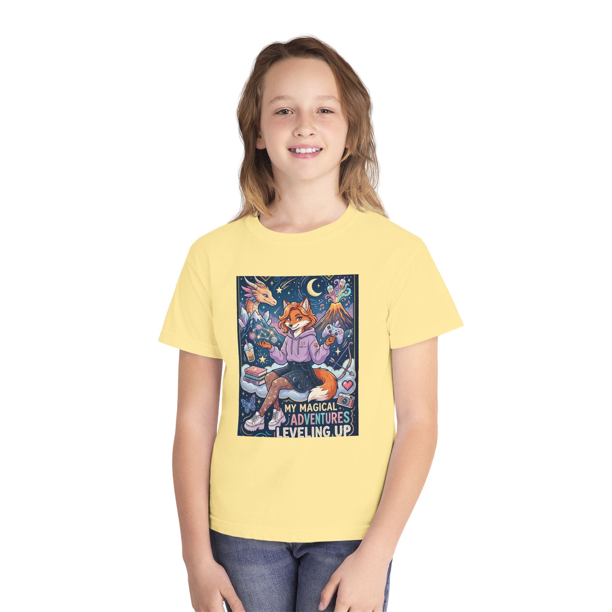 Youth Tee — "My Magical Adventures Are Leveling Up" Fox Gamer Graphic