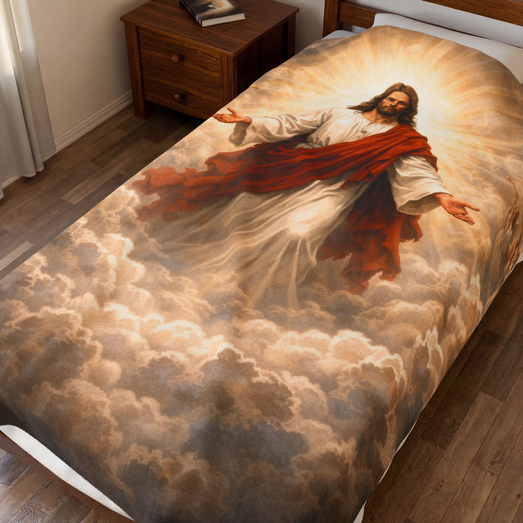 Jesus Ascension Velveteen Plush Blanket — Faith-Inspired Religious Throw for Easter & Comfort