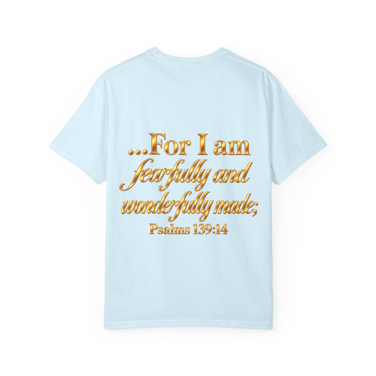 I Am God’s Masterpiece T-Shirt — Gold Script Faith Tee (Psalms 139:14)
