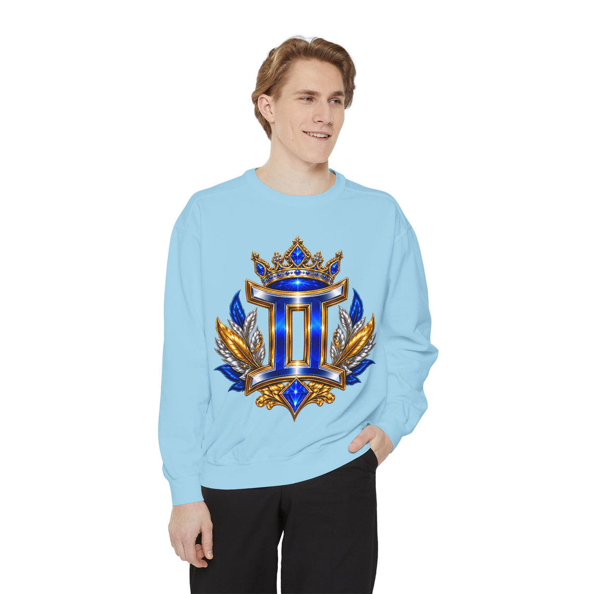 Gemini Zodiac Sweatshirt — Royal Blue & Gold Twin Symbol Crewneck