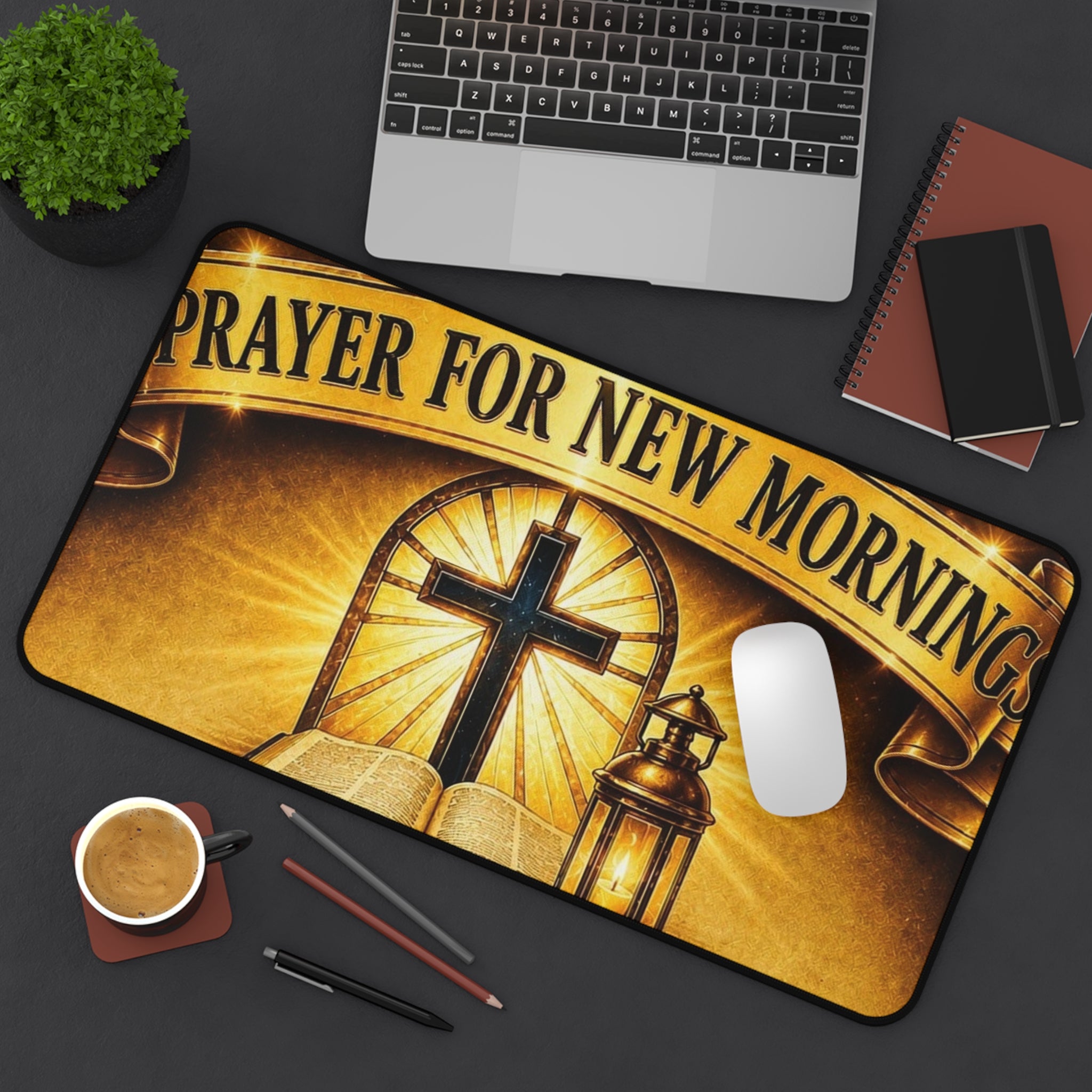Prayer for New Morning Desk Mat — Christian Cross & Lantern Desk Pad