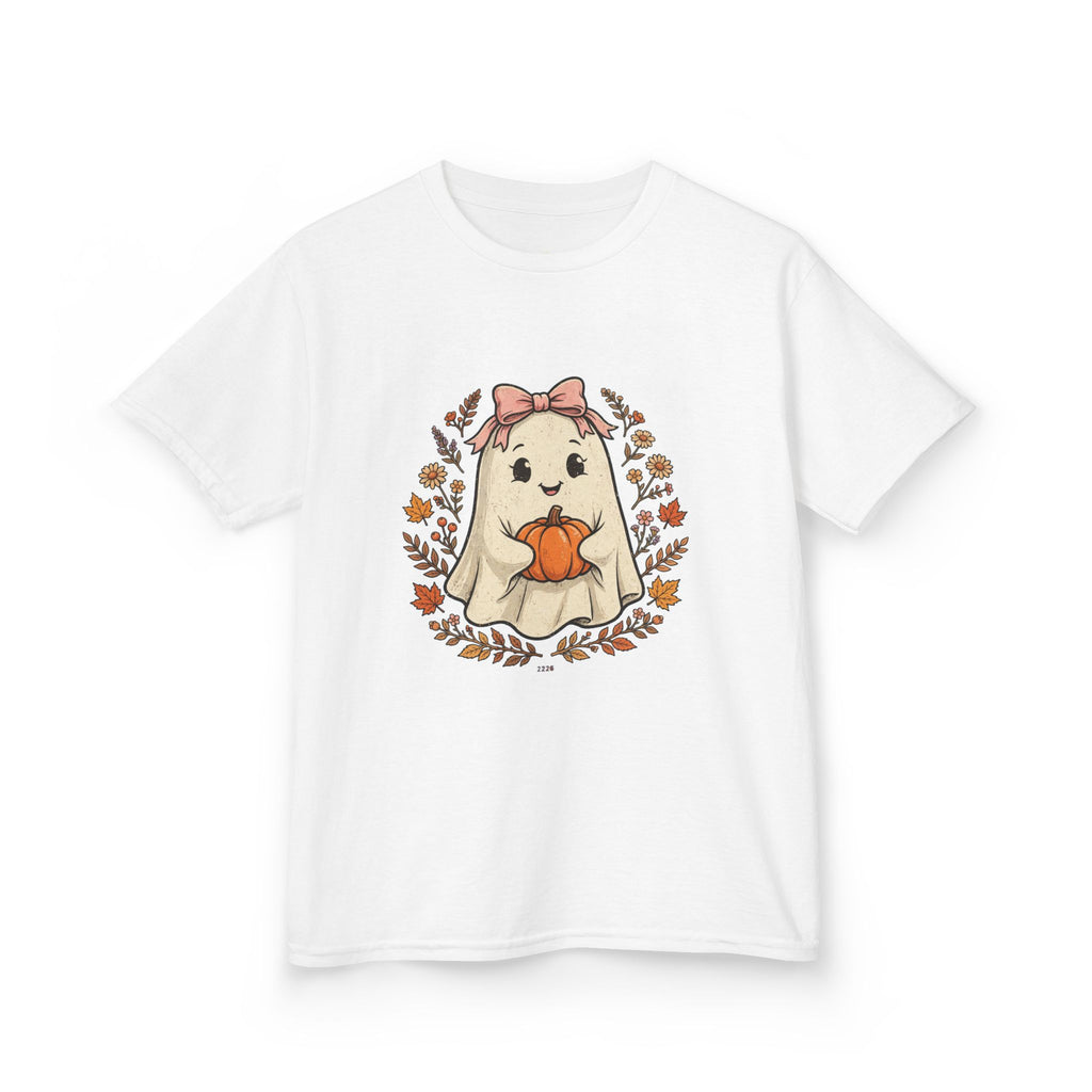 Kids Halloween Tee — Cute Ghost Holding Pumpkin "Spooky Season"
