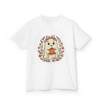 Kids Halloween Tee — Cute Ghost Holding Pumpkin "Spooky Season"