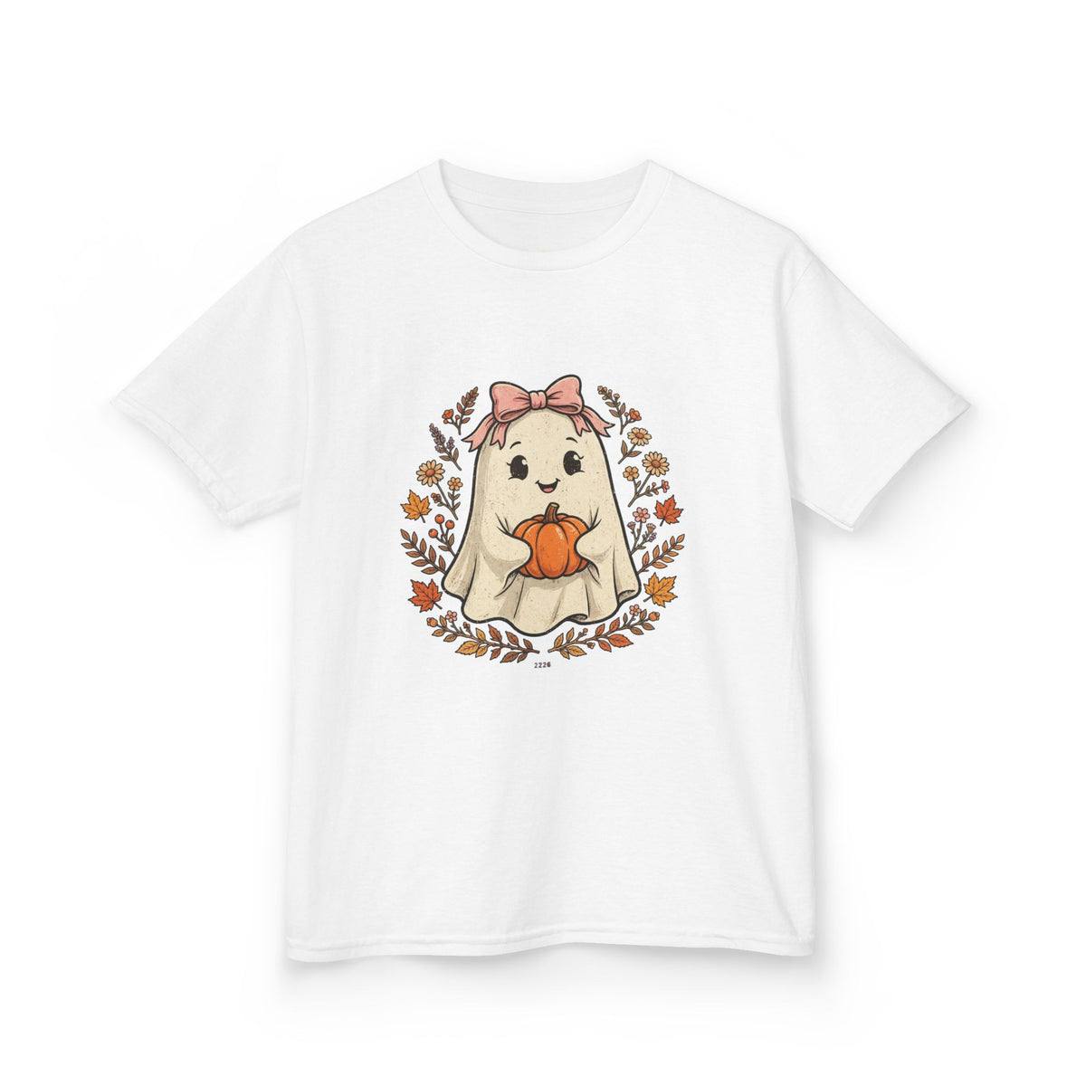 Kids Halloween Tee — Cute Ghost Holding Pumpkin "Spooky Season"