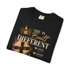 She Is Built Different Christian T-Shirt — Cross, Crown & Lily Faith Tee