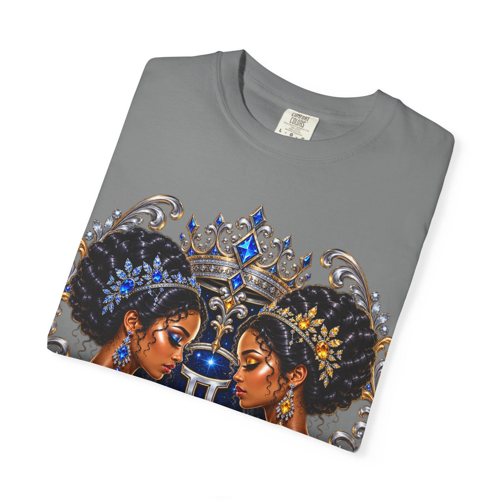 Gemini Zodiac Twin Queens T-Shirt — Elegant Blue & Gold Astrology Tee