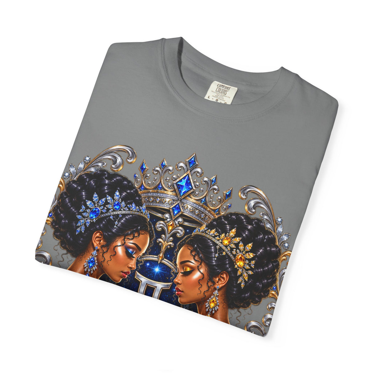 Gemini Zodiac Twin Queens T-Shirt — Elegant Blue & Gold Astrology Tee