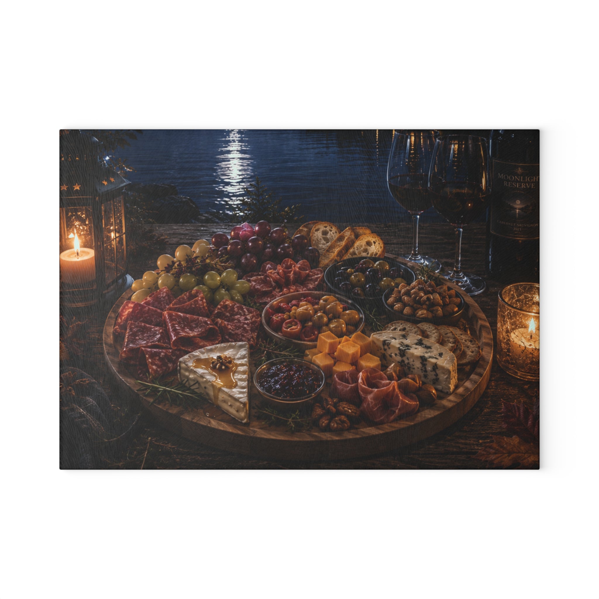Charcuterie Night Glass Cutting Board — Rustic Candlelit Cheese & Wine Serving Board
