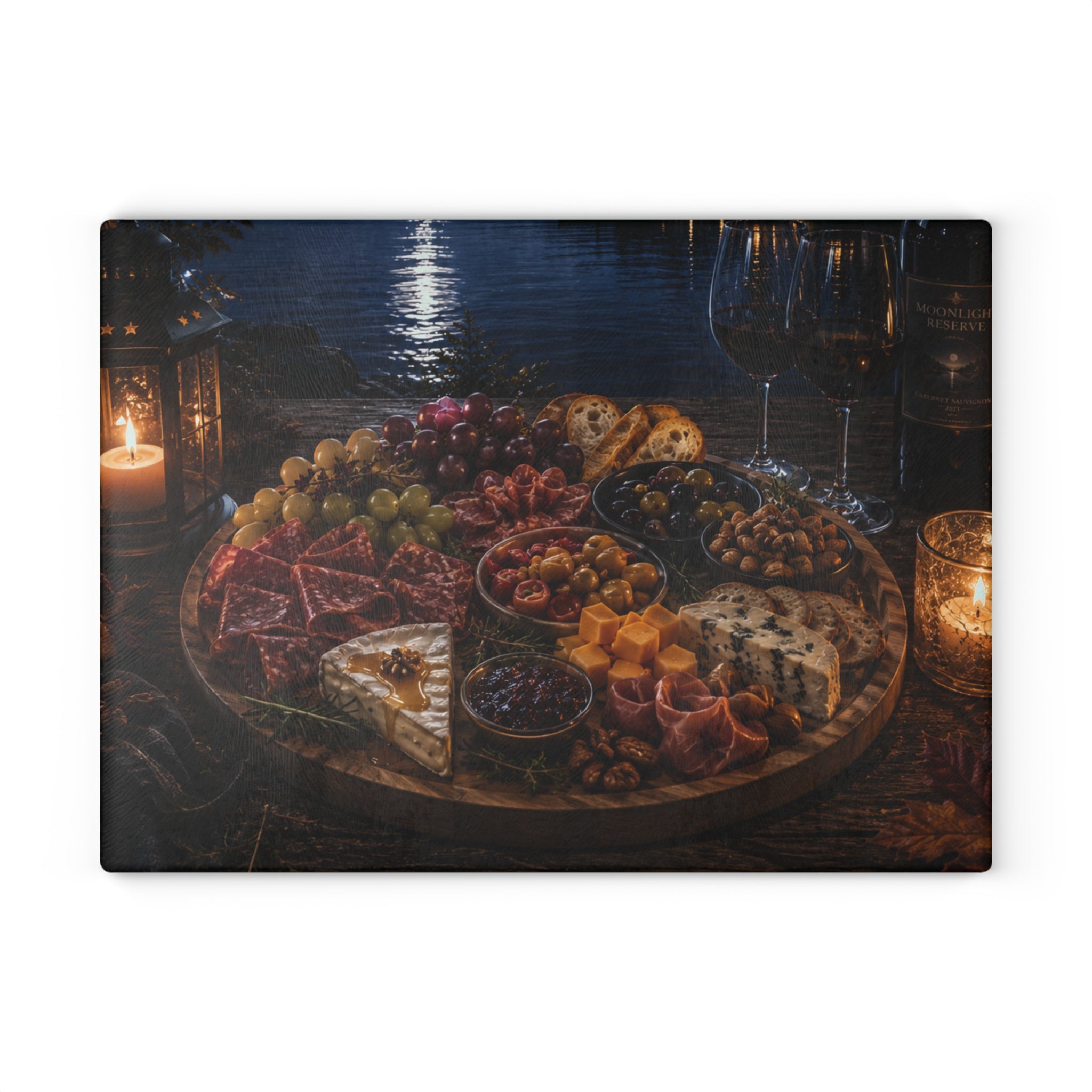 Charcuterie Night Glass Cutting Board — Rustic Candlelit Cheese & Wine Serving Board