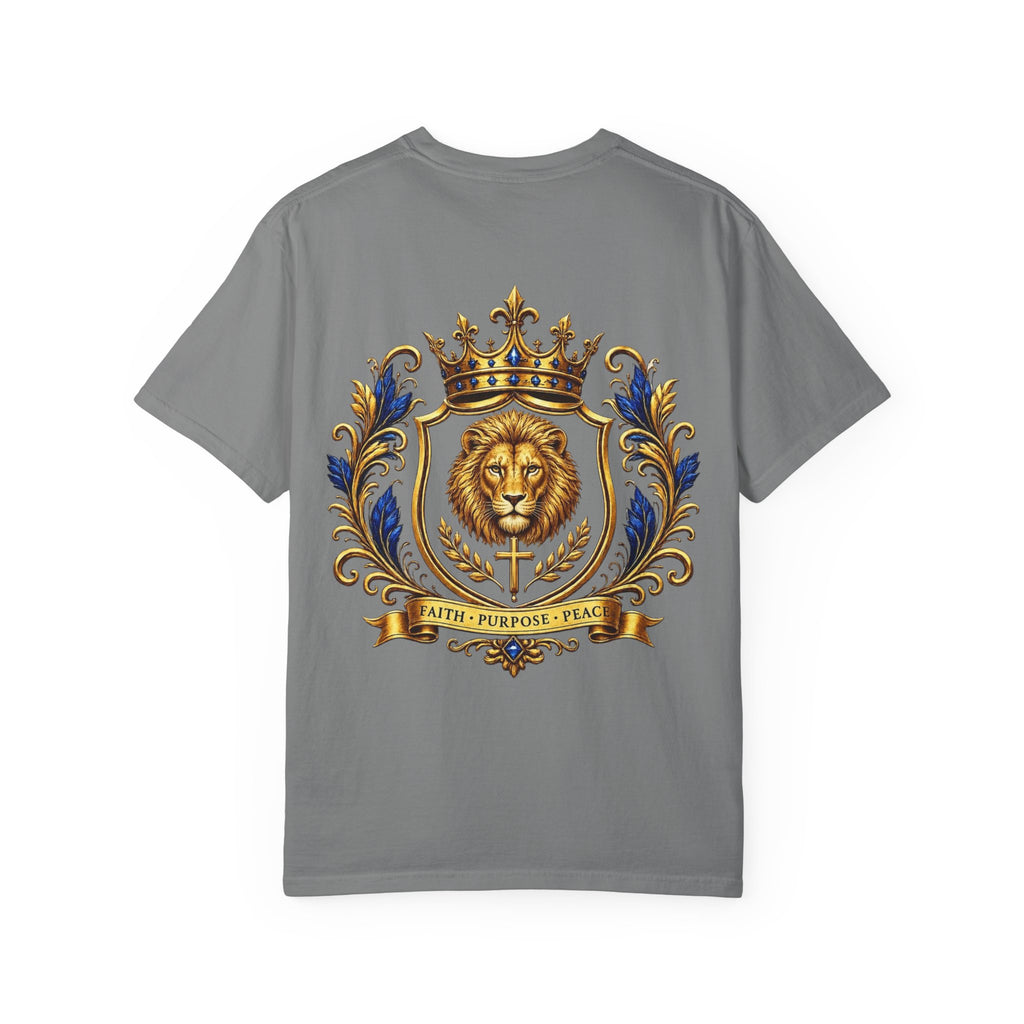 Lion Crest T-Shirt — Regal Crowned Lion with "Faith • Purpose • Peace" Back Graphic