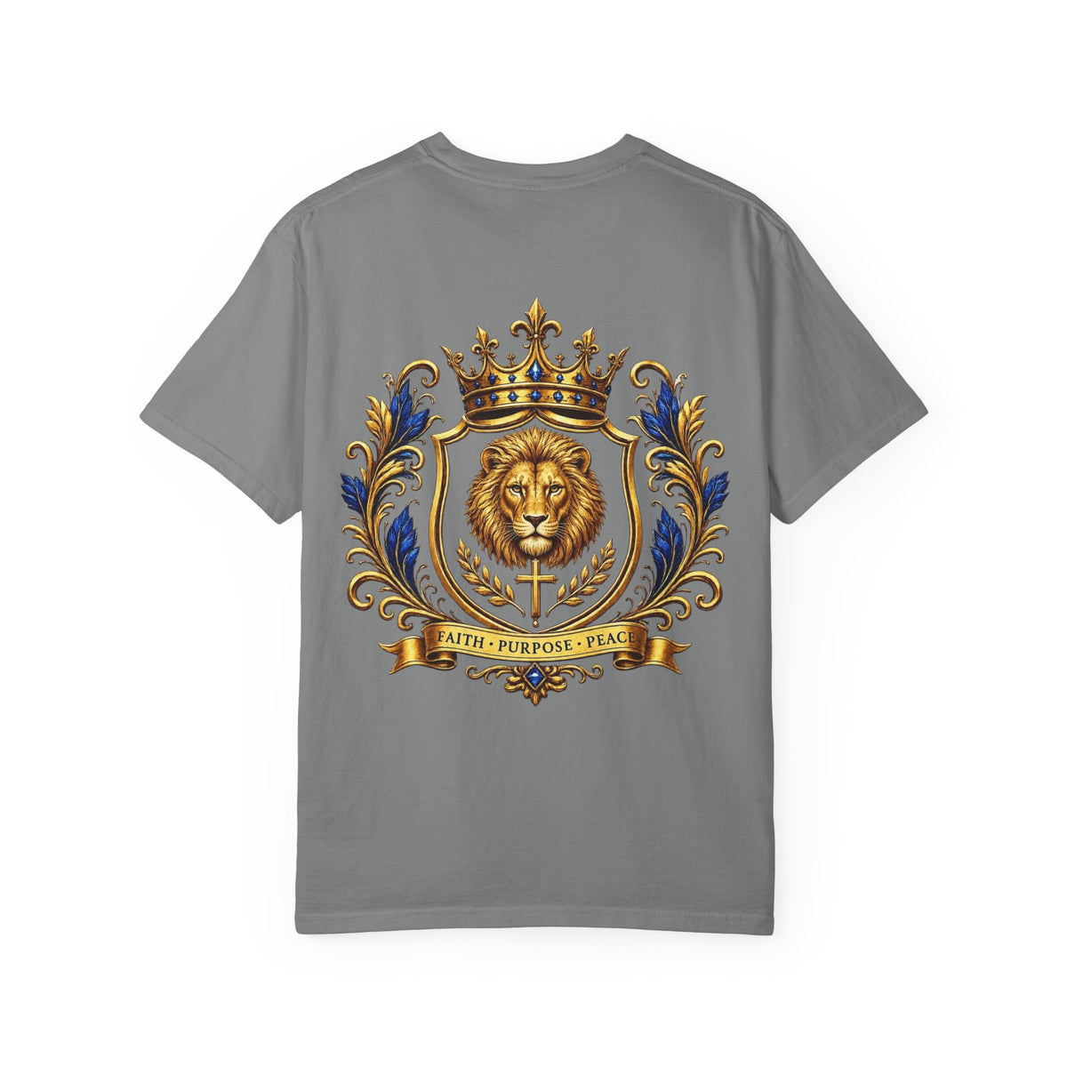 Lion Crest T-Shirt — Regal Crowned Lion with "Faith • Purpose • Peace" Back Graphic