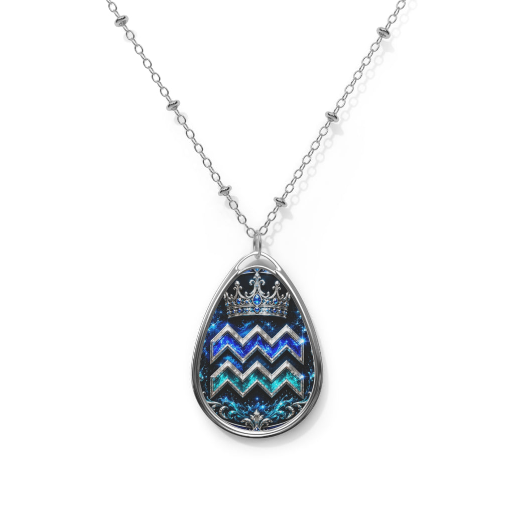 Aquarius Crown Chevron Teardrop Pendant Necklace — Blue Zigzag Oval Necklace