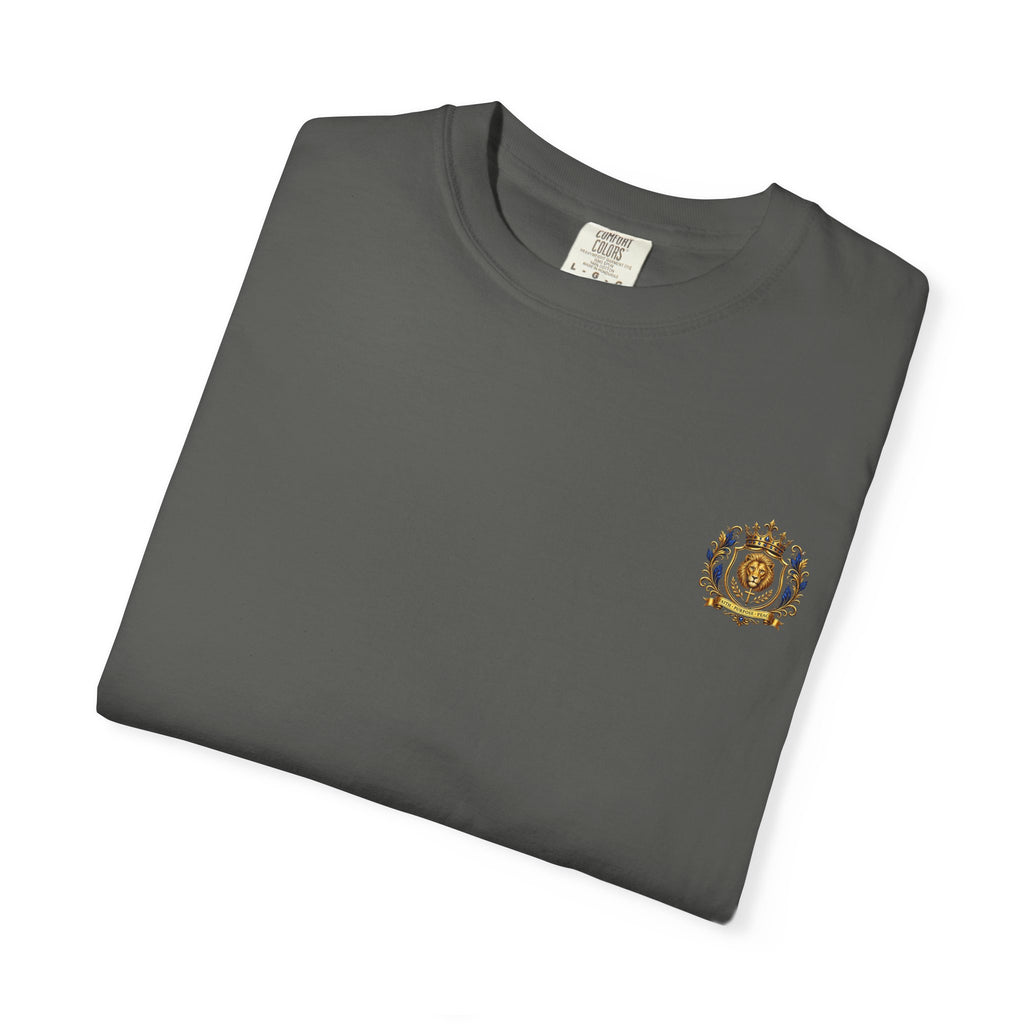 Lion Crest T-Shirt — Regal Crowned Lion with "Faith • Purpose • Peace" Back Graphic
