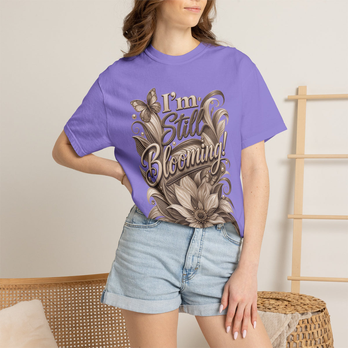I’m Still Blooming / He’s Pruning Me Floral T‑Shirt — Inspirational Scripture Garden Tee