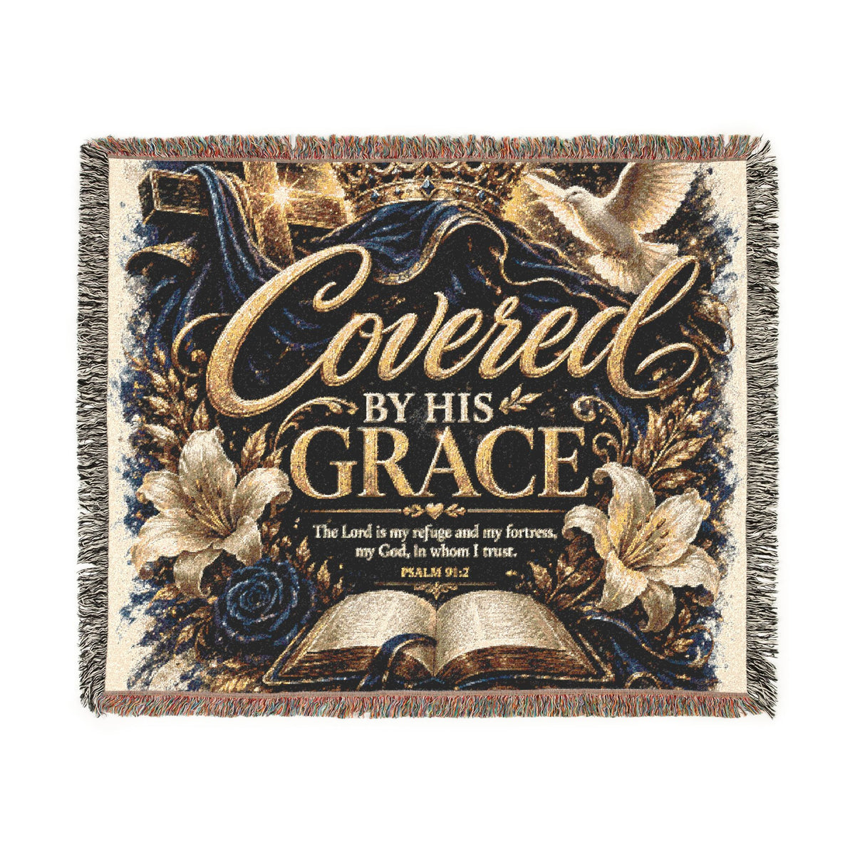 Covered by His Grace Woven Blanket — Inspirational Christian Throw with Floral Bible Design