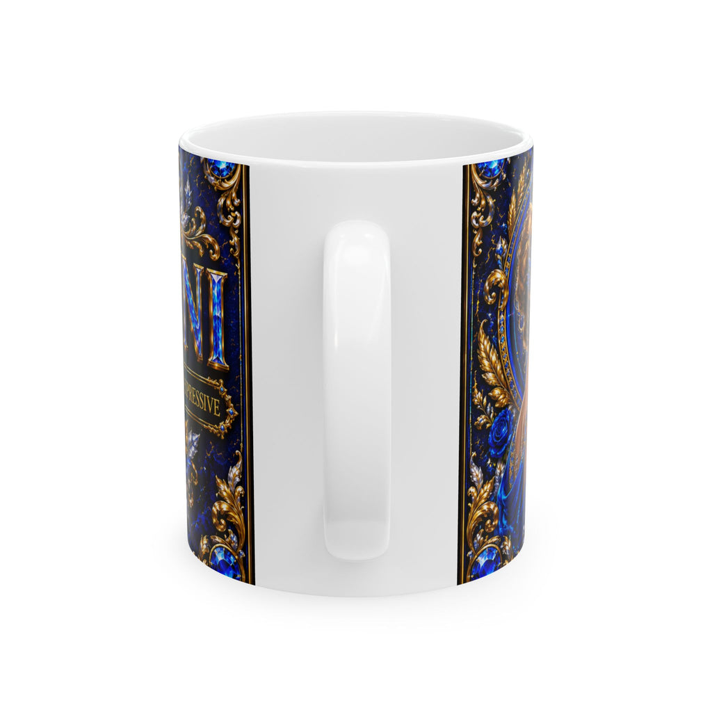 Zodiac Gemini Ceramic Coffee Mug – Elegant Blue & Gold Astrology Design (11oz, 15oz)