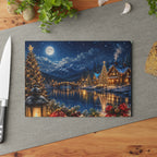 Christmas Lakeside Glass Cutting Board – Winter Village Moonlit Holiday Kitchen Decor