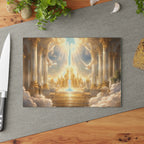 Heavenly Golden Cathedral Glass Cutting Board — Angelic Cloudscape Serving & Prep Board