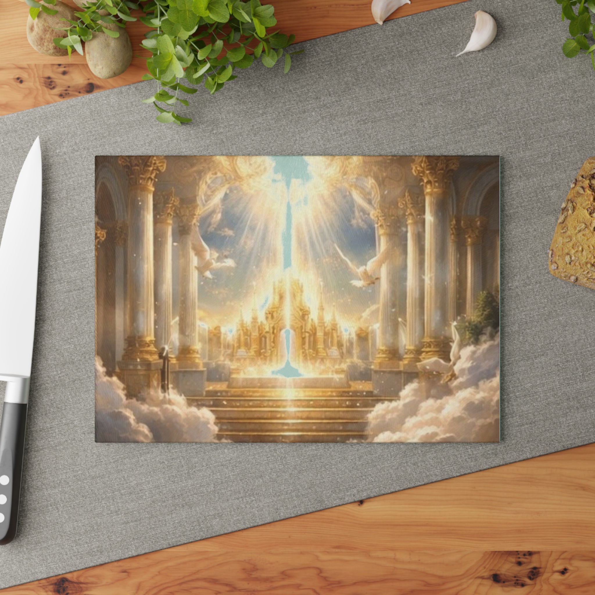 Heavenly Golden Cathedral Glass Cutting Board — Angelic Cloudscape Serving & Prep Board