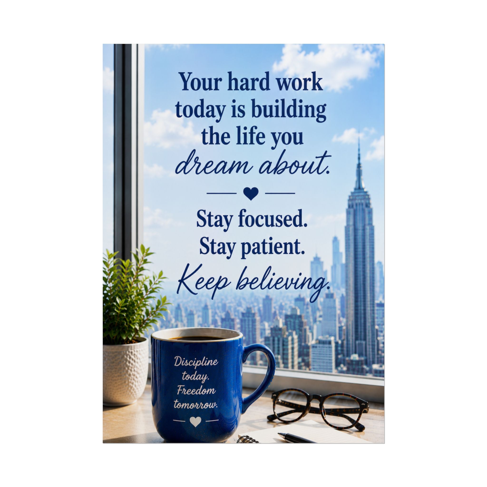 Motivational City View Poster – "Your hard work today is building the life you dream about"