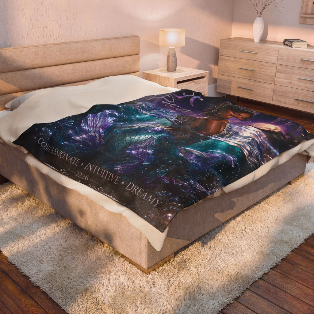 Pisces Mermaid Velveteen Plush Blanket – Zodiac Moonlit Ocean Throw
