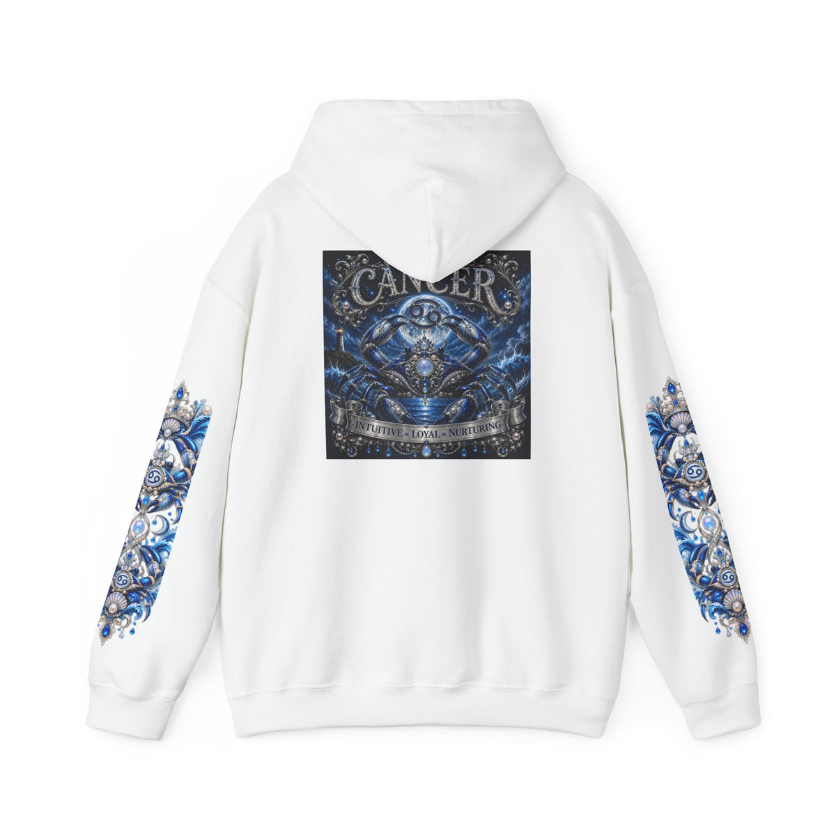 Cancer Zodiac Hoodie — Blue Crab Astrology Sweatshirt with Sleeve Art