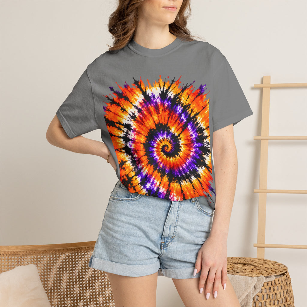 Tie-Dye Spiral T-Shirt — Orange Purple Psychedelic Graphic Tee