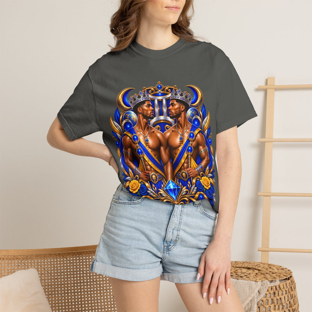 Gemini Zodiac T-Shirt — Bold Blue & Gold Twin Portrait Tee