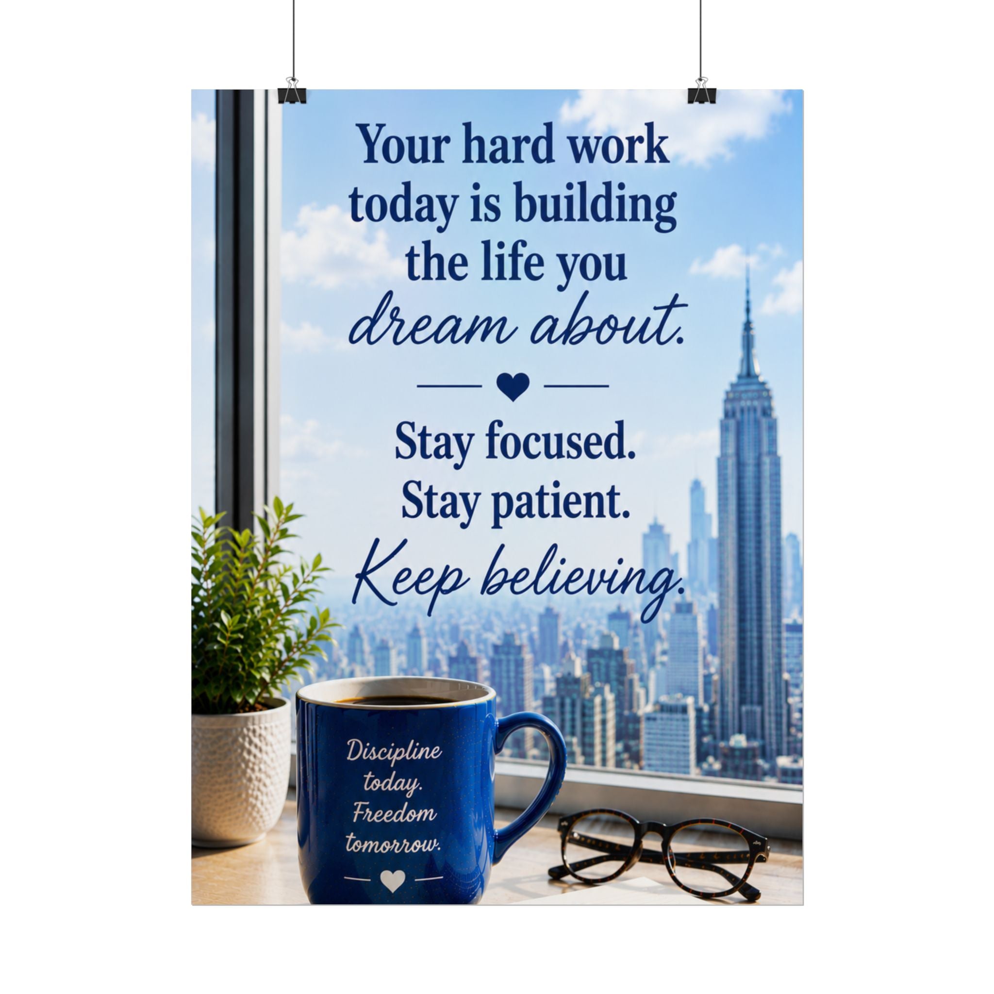 Motivational City View Poster – "Your hard work today is building the life you dream about"