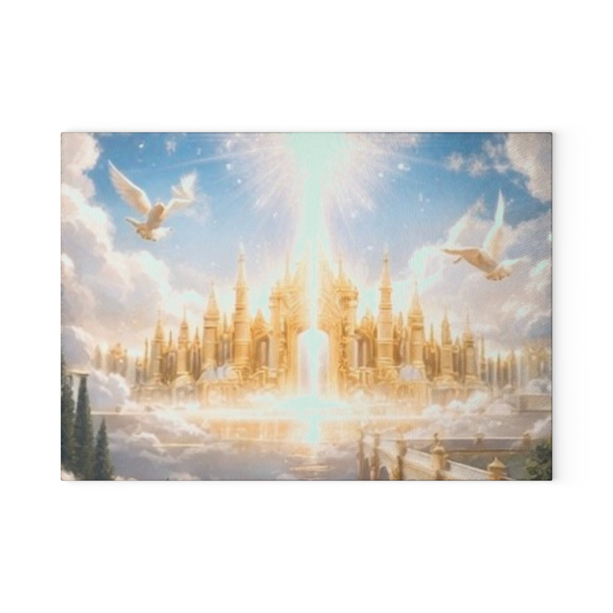 Heavenly Golden City Glass Cutting Board — Angelic Clouds & Doves Kitchen Art