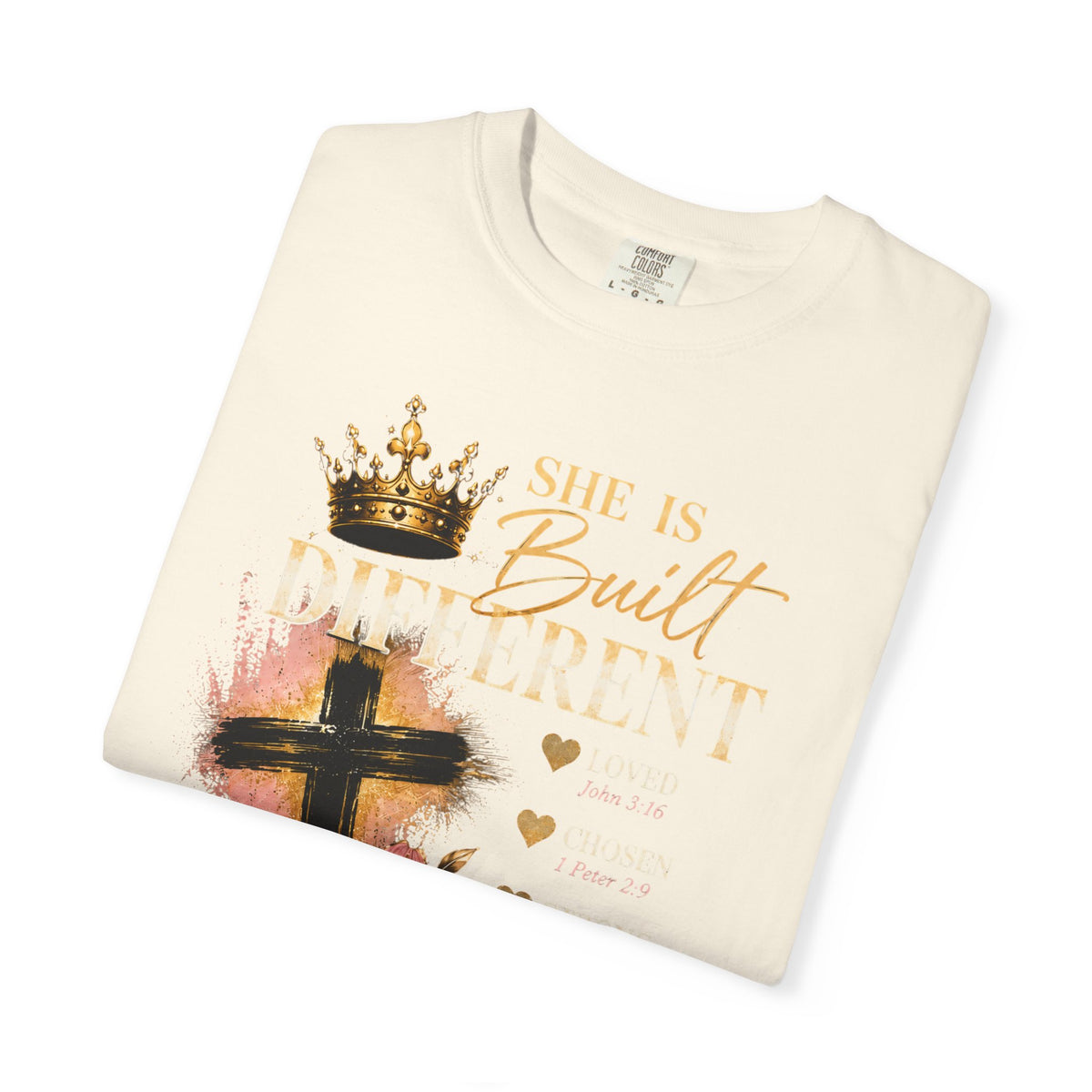 She Is Built Different Christian T-Shirt — Cross, Crown & Lily Faith Tee