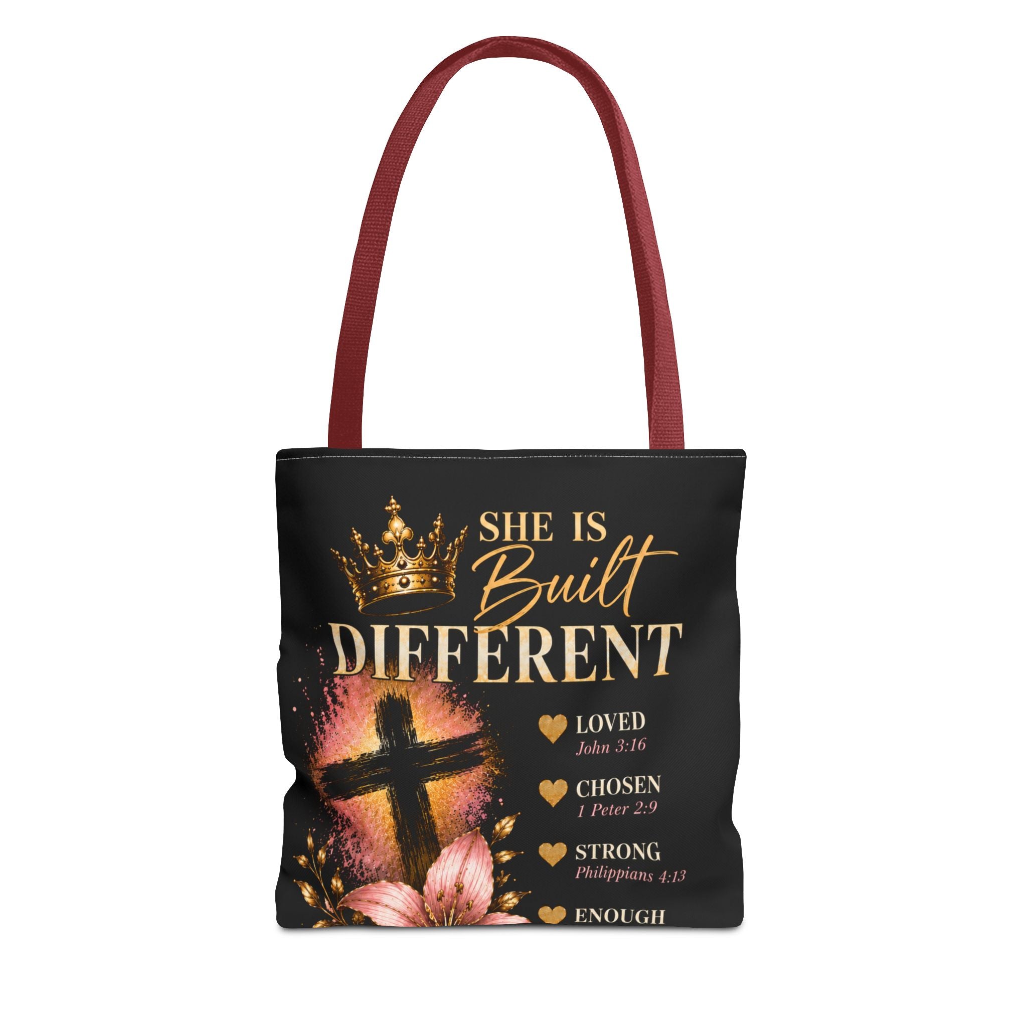 She Is Built Different Christian Tote Bag – Inspirational Faith Cross Design