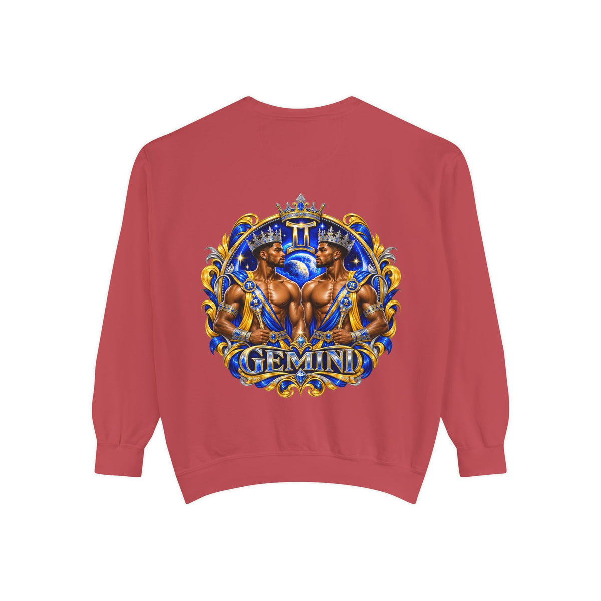 Gemini Zodiac Sweatshirt — Royal Blue & Gold Twin Symbol Crewneck