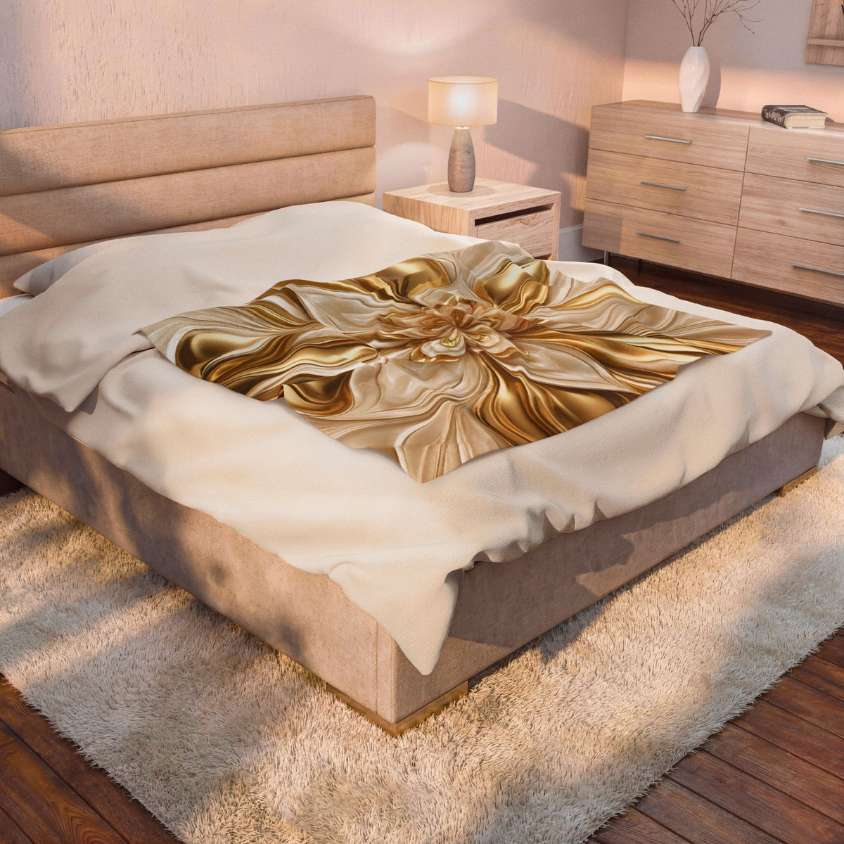 Golden Floral Velveteen Plush Blanket — Luxurious Soft Throw for Home, Gifts & Holidays