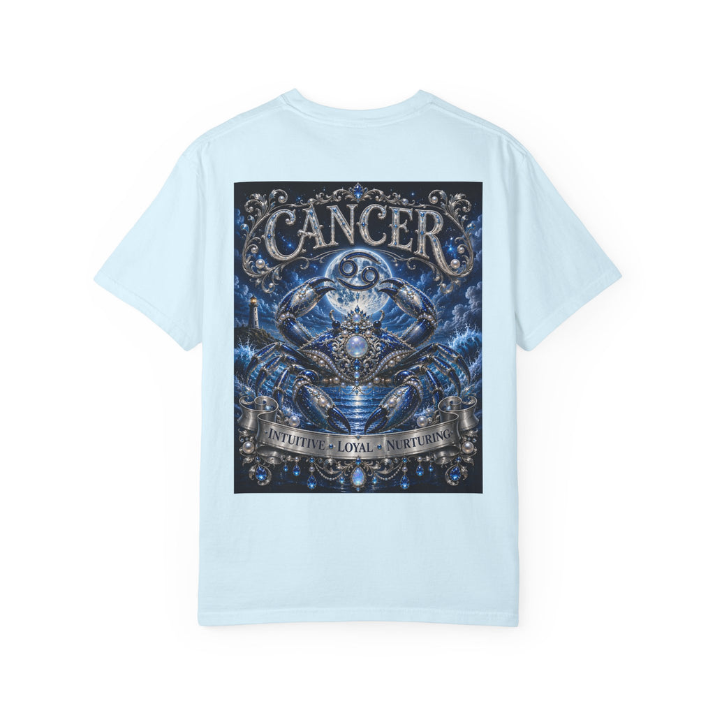 Cancer Zodiac Crab T-Shirt — Blue Astrology Tee (Cancer: Intuitive • Loyal • Nurturing)