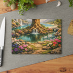 Glass Cutting Board — Serene Swan Lake Floral Landscape
