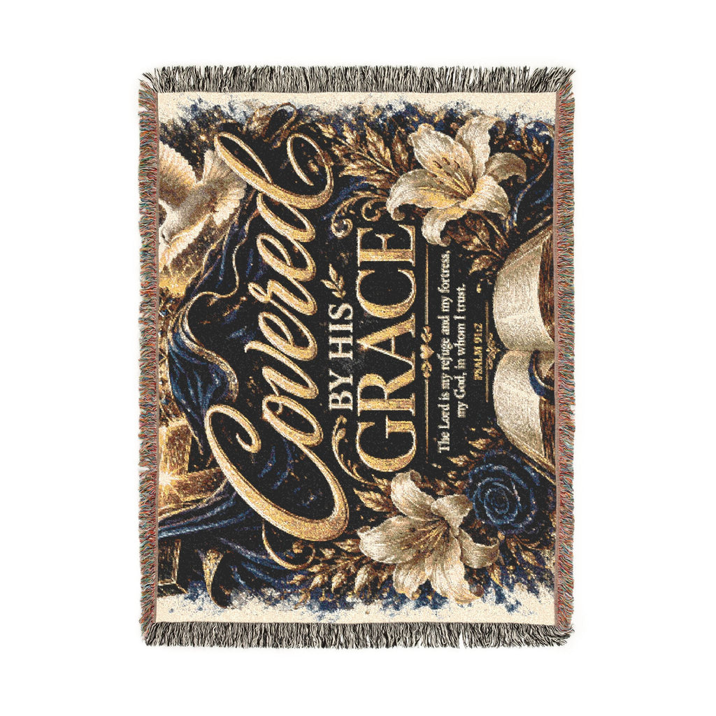 Covered by His Grace Woven Blanket — Inspirational Christian Throw with Floral Bible Design