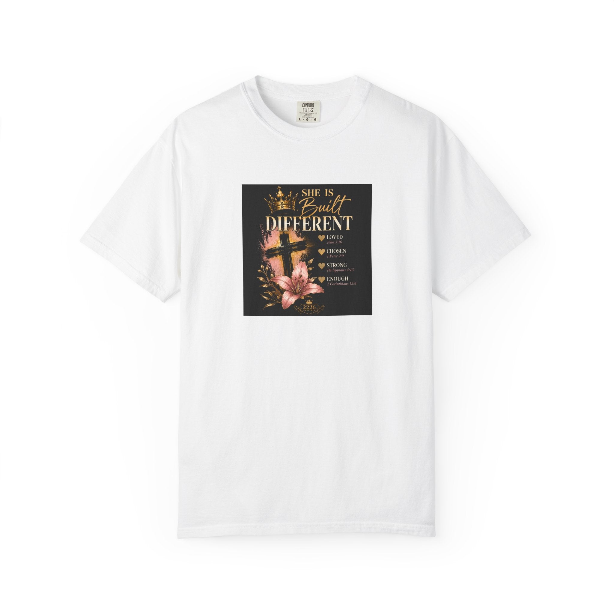 2226 Lifestyle T-Shirt — "She Is Built Different" Cross Floral Christian Tee