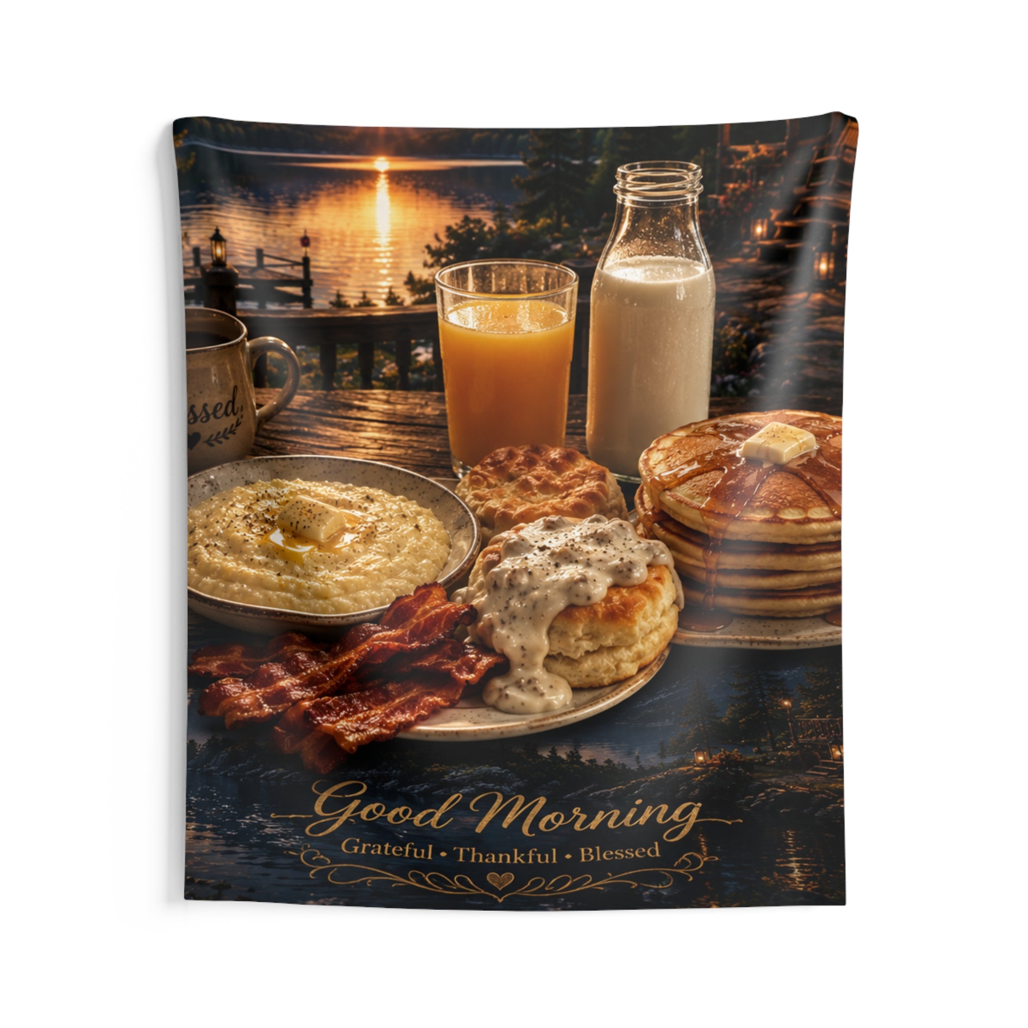 Good Morning Breakfast Tapestry — Rustic Lakeside Farmhouse Wall Decor
