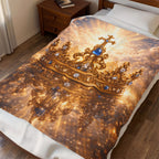 Royal Crown Velveteen Plush Blanket – Sparkling Gold Cross Design