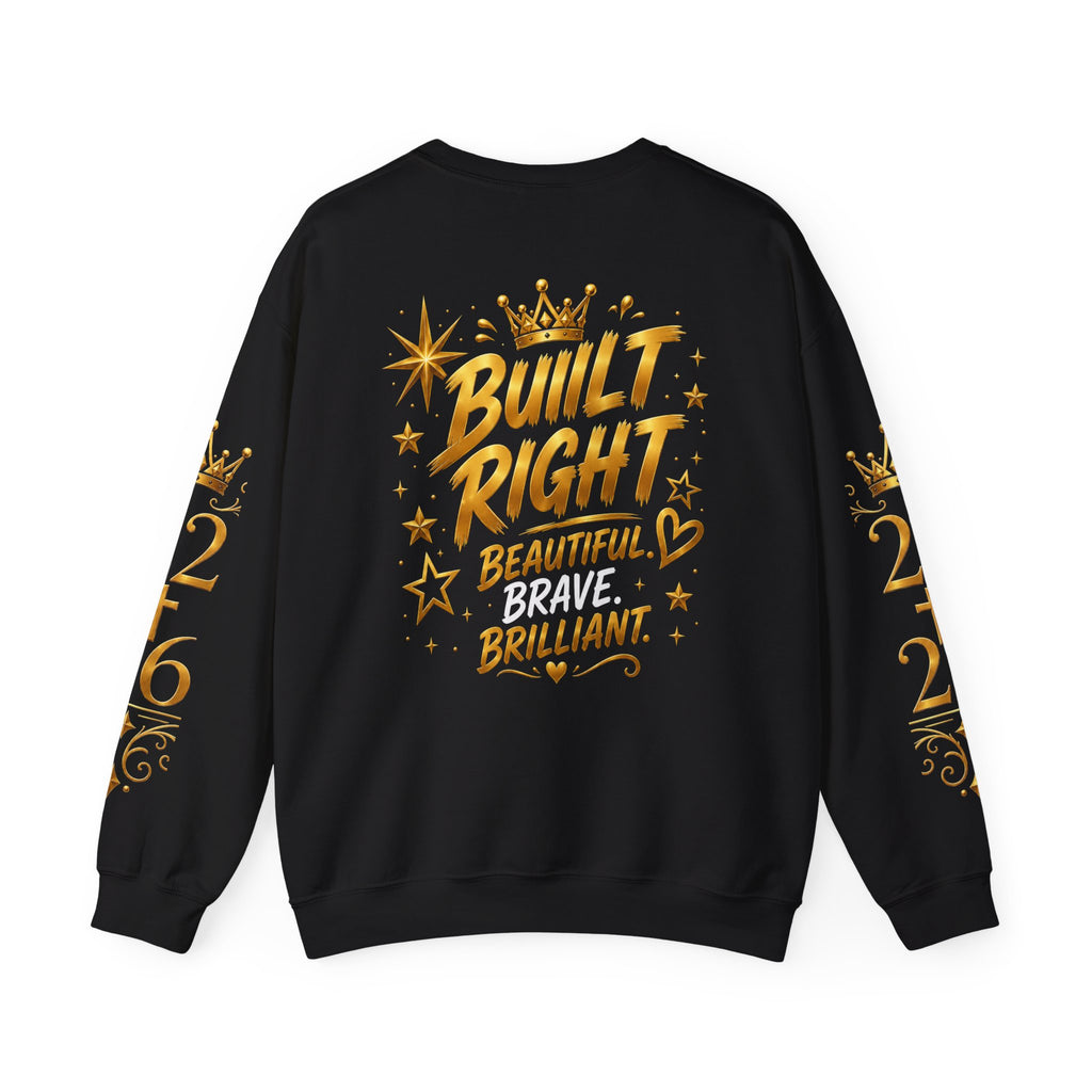 Built Right Crewneck Sweatshirt — "Built Right: Beautiful, Brave, Brilliant" Gold Graphic