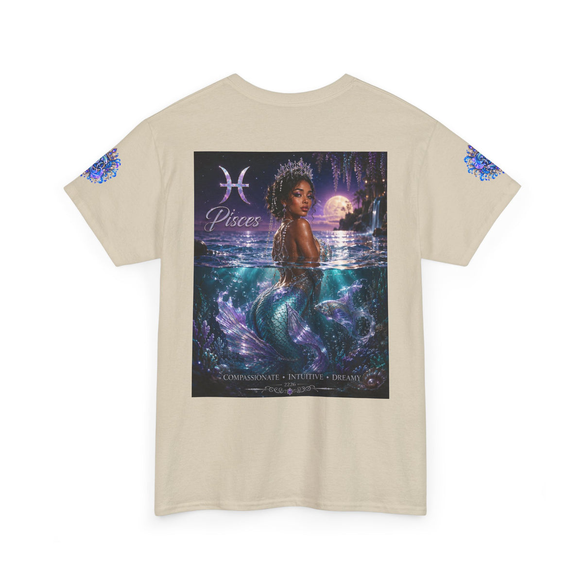Pisces Mermaid T‑Shirt — Zodiac Art Tee with Night Sea Illustration