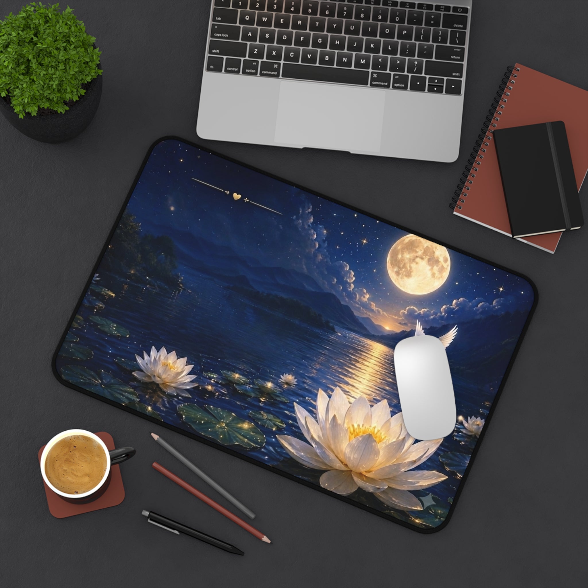 Moonlit Lotus Desk Mat — Serene Night Lake Mousepad with Dove and Full Moon
