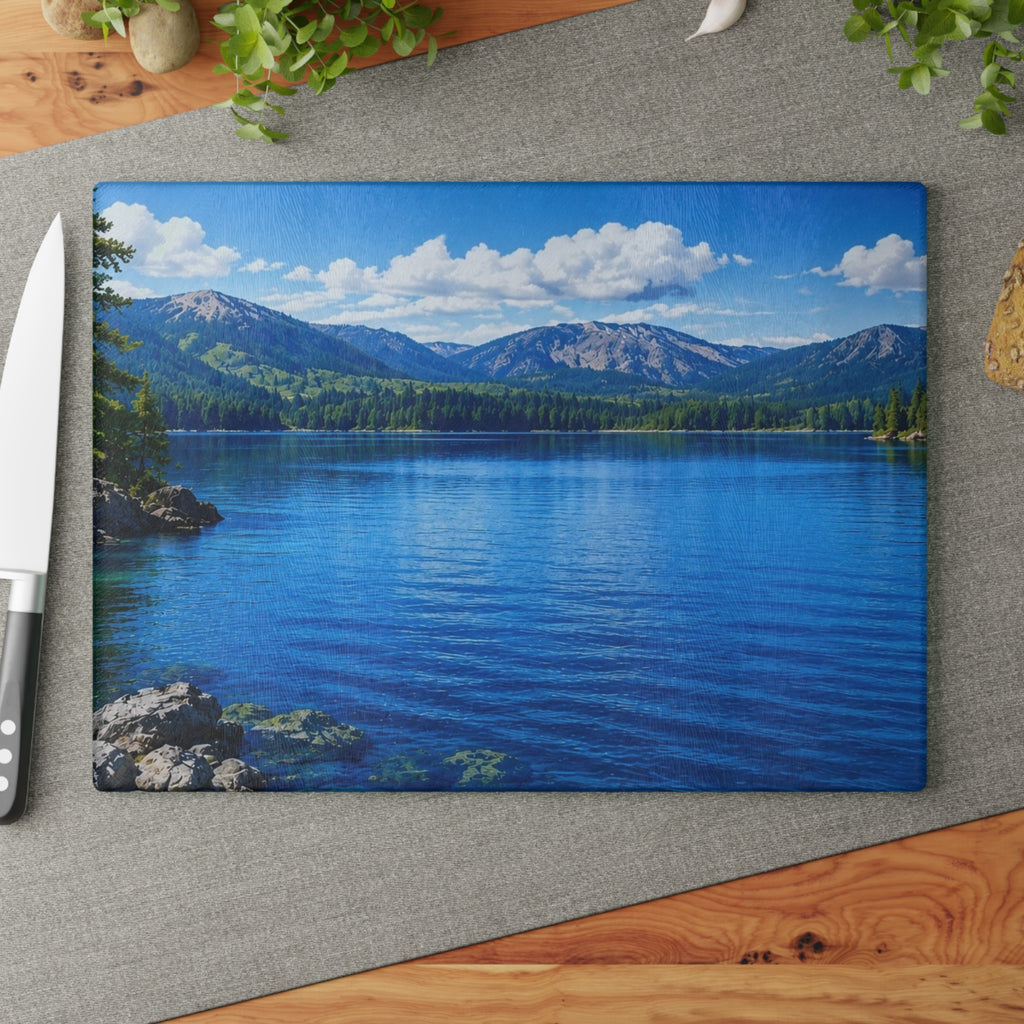 Scenic Mountain Lake Glass Cutting Board – Blue Nature Kitchen Décor