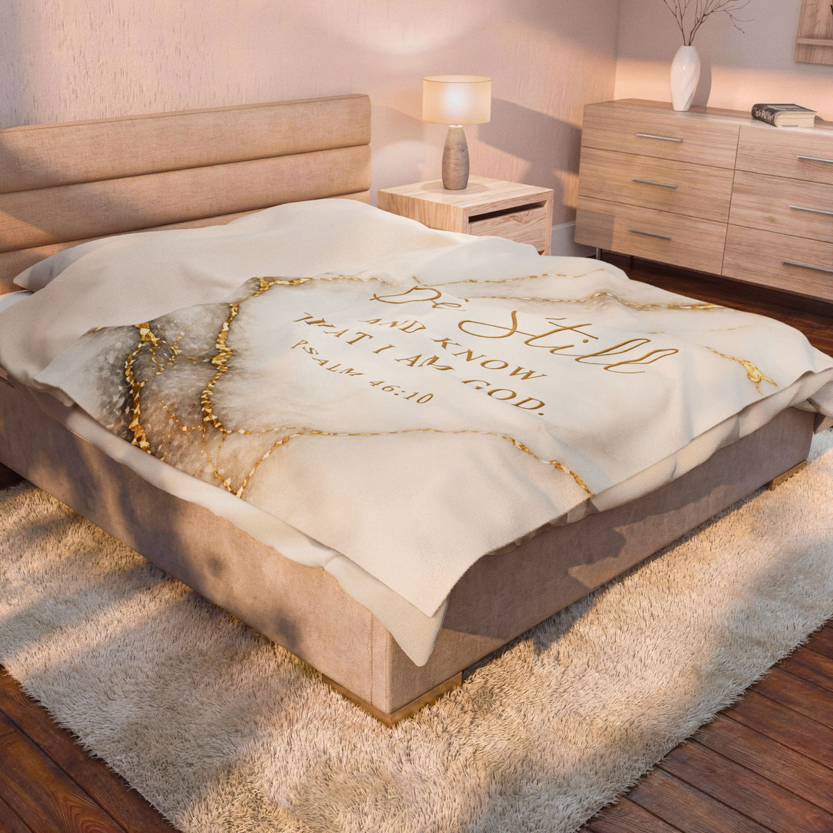 Velveteen Blanket - "Be Still and Know That I Am God" Psalm 46:10 Marble Gold Prayer Throw