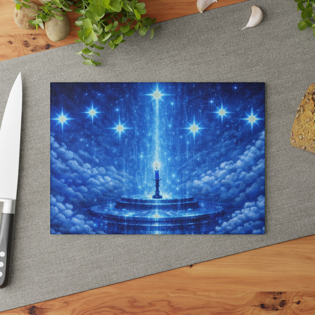 Starry Lighthouse Nightscape Glass Cutting Board — Celestial Blue Kitchen Art