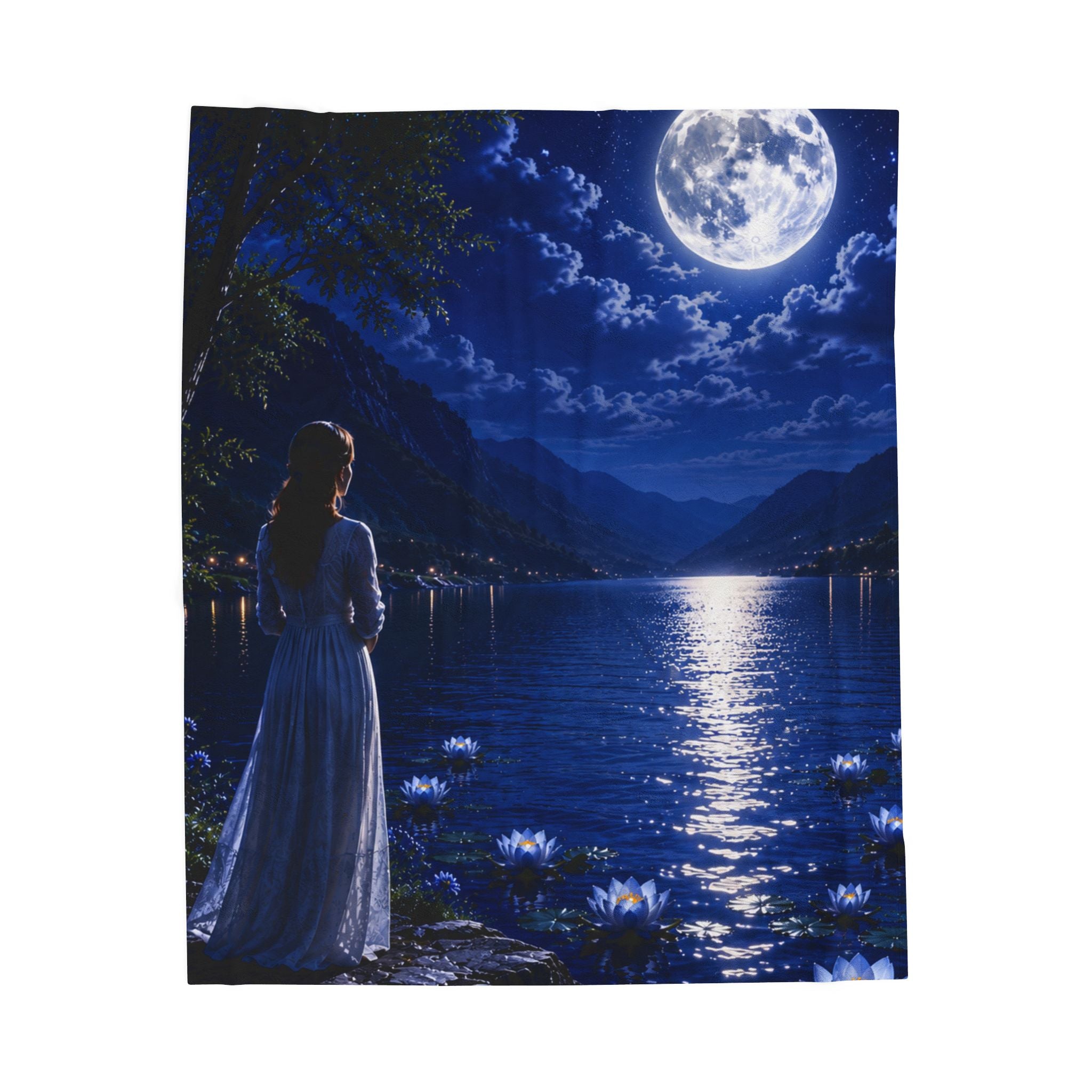 Moonlit Lake Velveteen Plush Blanket — Woman by Moonlight Scenic Throw