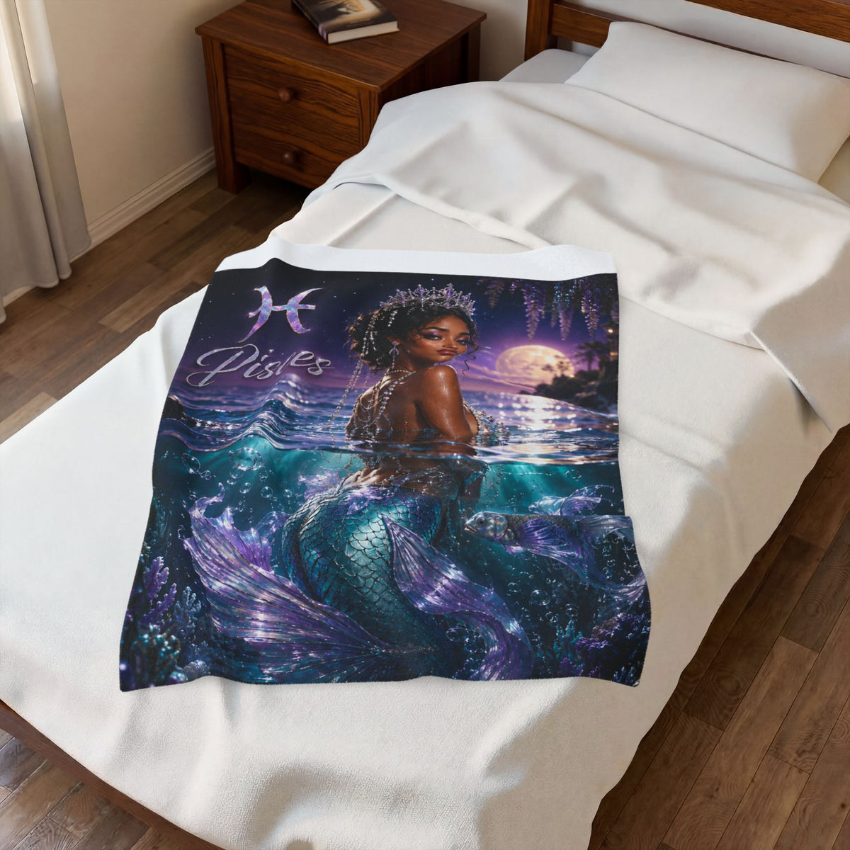 Pisces Mermaid Velveteen Plush Blanket – Zodiac Moonlit Ocean Throw