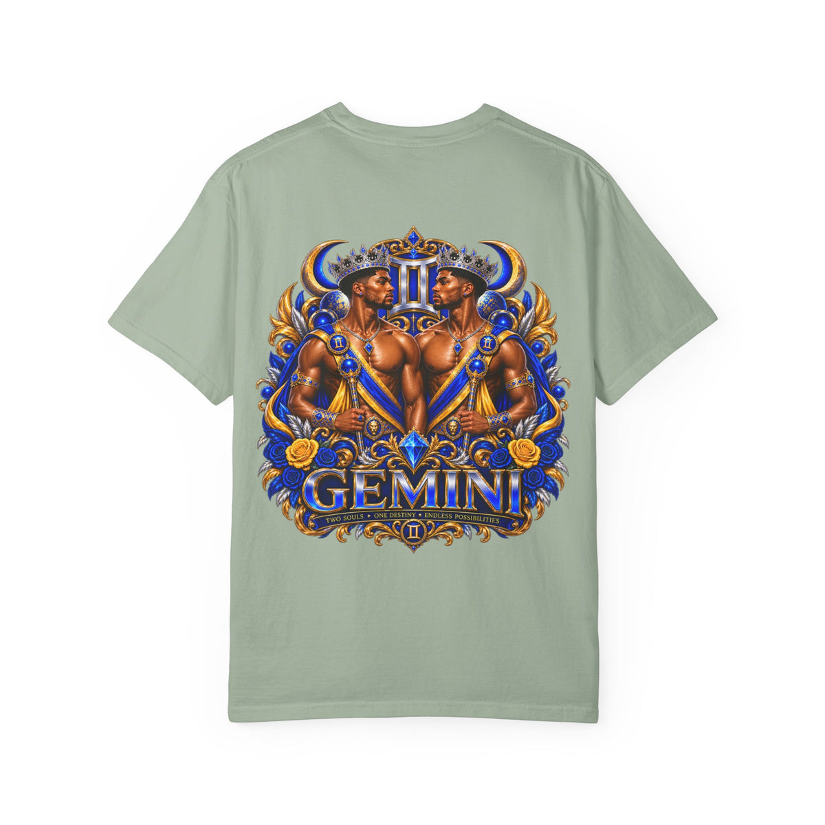 Gemini Zodiac T-Shirt — Bold Blue & Gold Twin Portrait Tee
